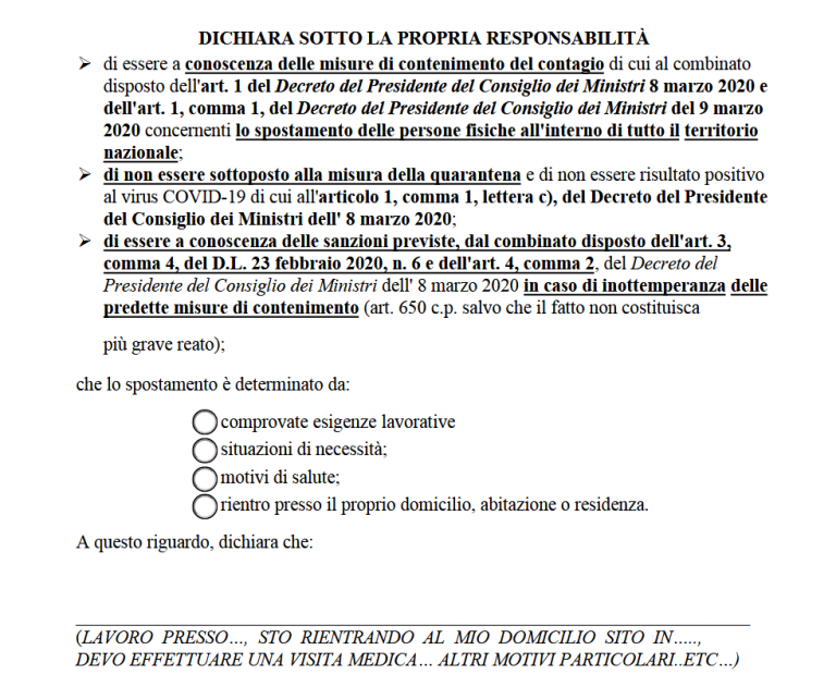 CORONAVIRUS Nuovo modulo per gli spostamenti