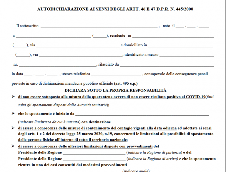 CORONAVIRUS Online la nuova autocertificazione