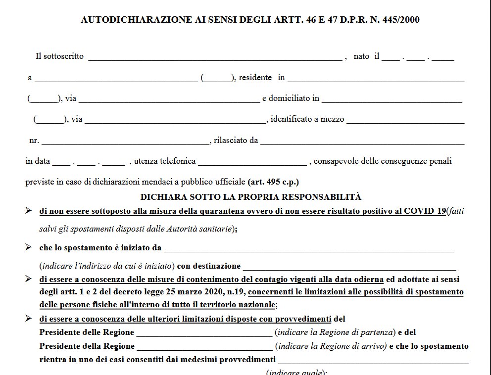 CORONAVIRUS Online la nuova autocertificazione