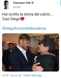AS ROMA Totti ricorda Maradona