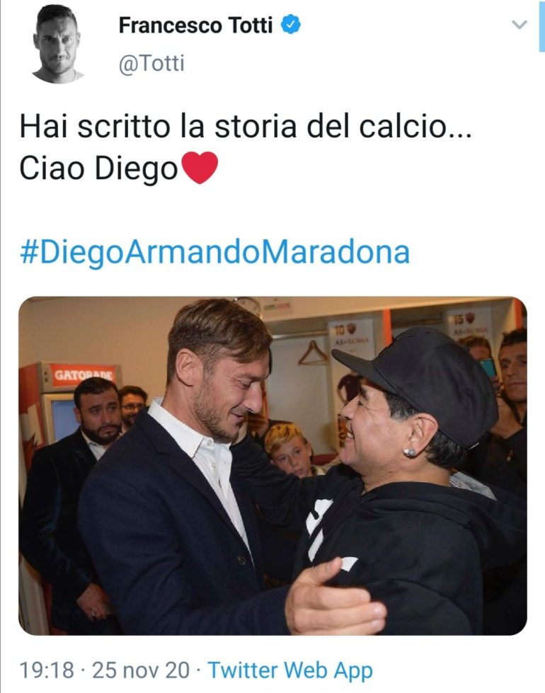 AS ROMA Totti ricorda Maradona