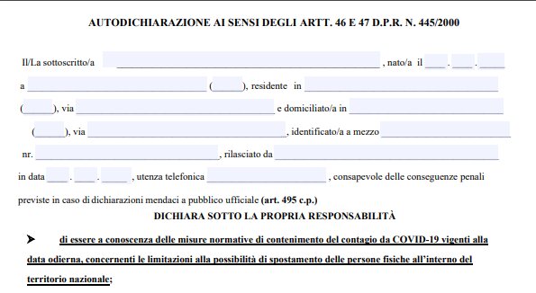 Nuovo Dpcm, torna l’autocertificazione per gli spostamenti