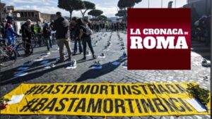 Via dei Fori imperiali accoglie le “scarpe” dei 174 morti sulle strade Romane
