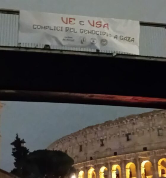 Striscione al Colosseo contro UE e Usa per il genocidio di Gaza