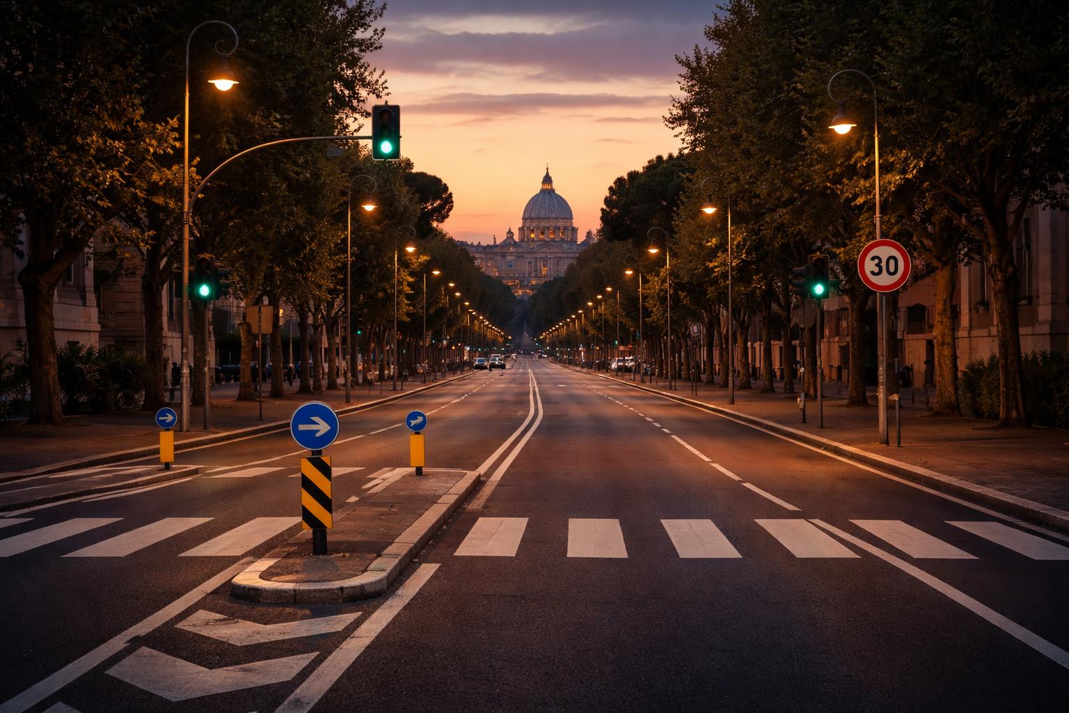 Strada cittadina romana al tramonto con segnaletica visibile, simbolo di sicurezza stradale