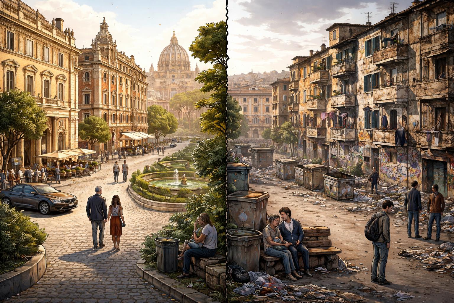 Rappresentazione simbolica del divario tra lusso e periferie a Roma