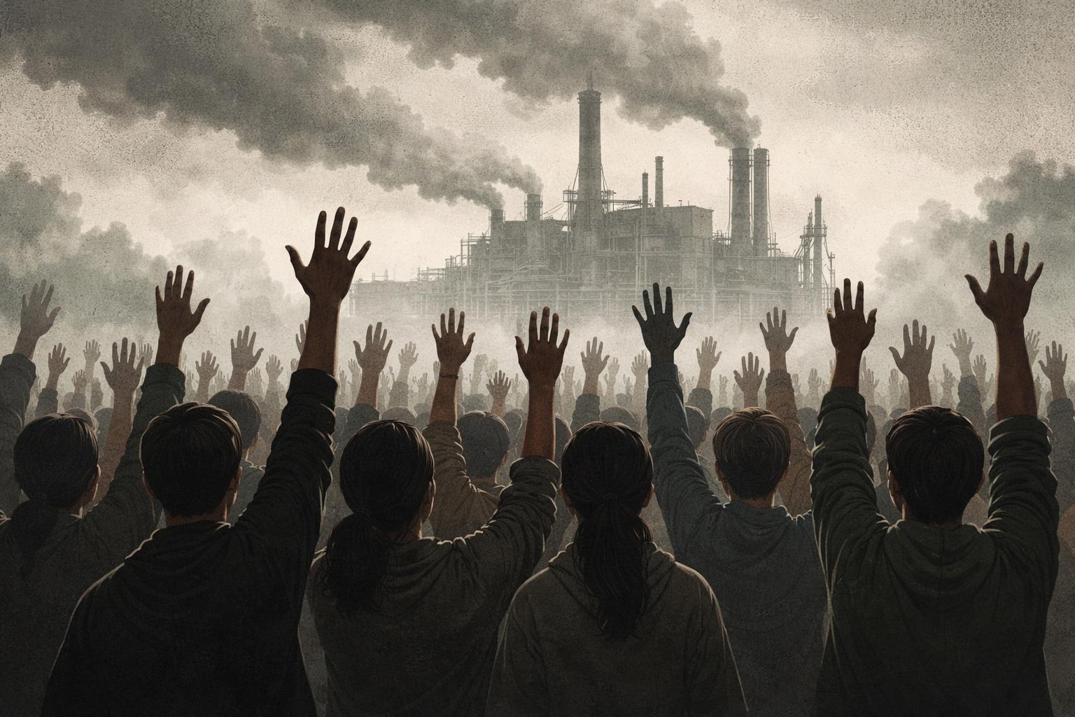 Illustrazione simbolica di cittadini che protestano contro un impianto industriale in lontananza