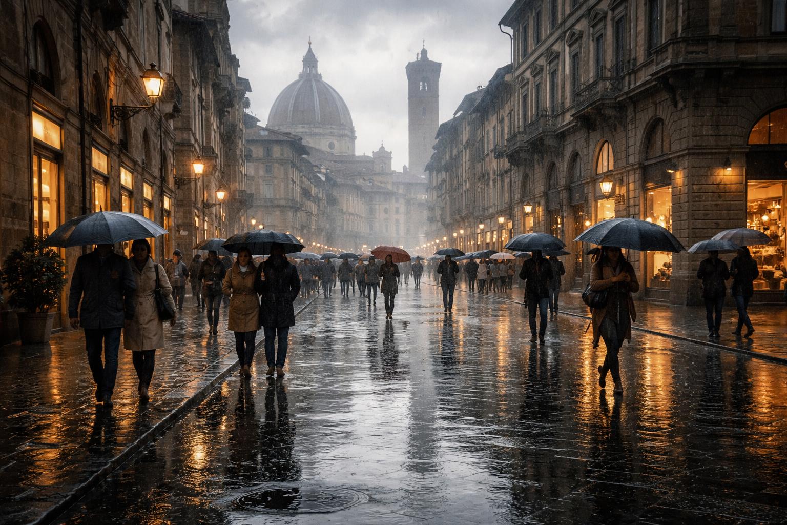 Strada urbana di Roma sotto la pioggia con persone che camminano con ombrelli