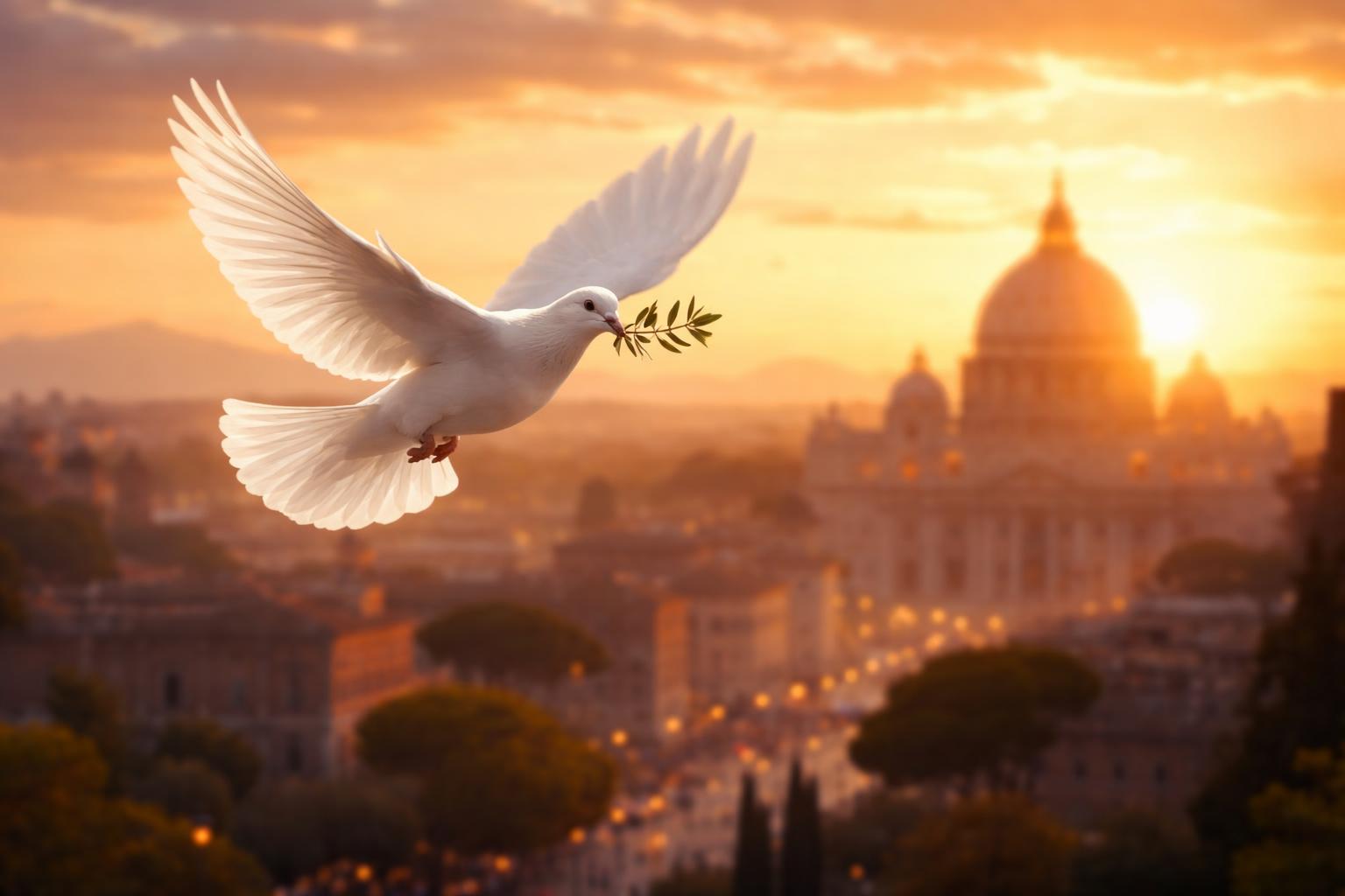 Colomba bianca che vola sopra il profilo di Roma al tramonto, simbolo di pace e speranza
