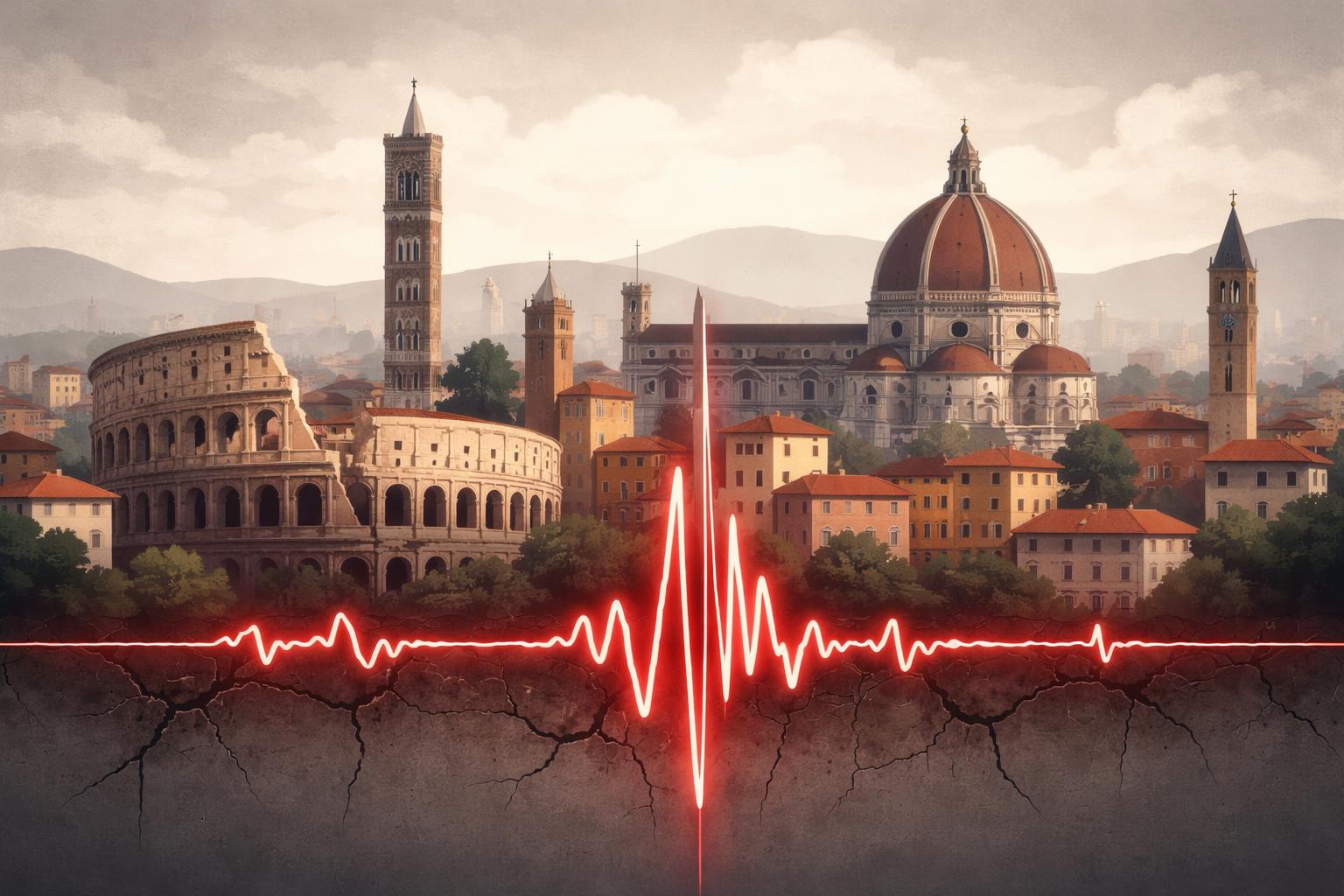 Illustrazione simbolica che rappresenta il rischio sismico in una città italiana
