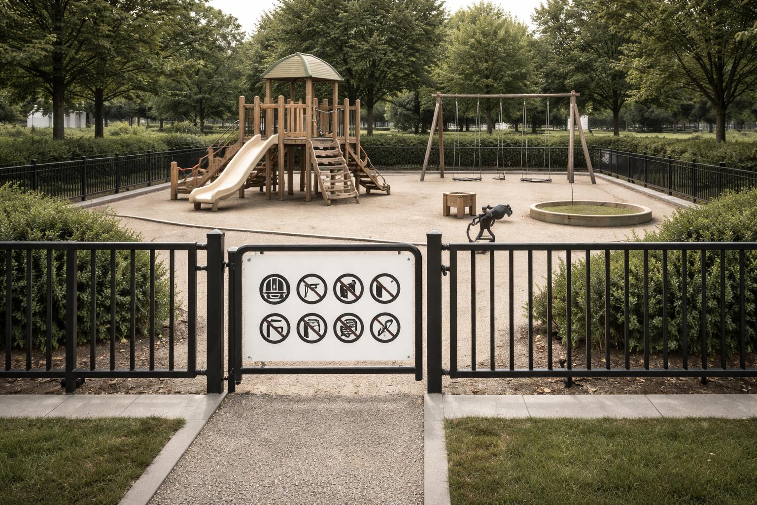 Parco giochi recintato con cartello di sicurezza simbolico