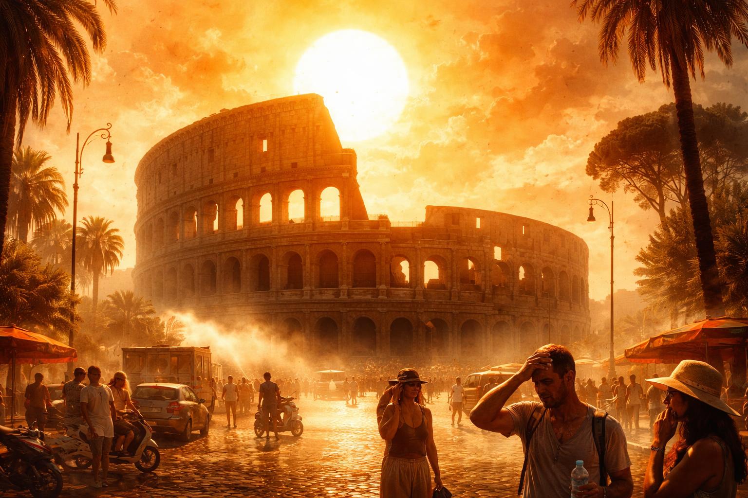 Colosseo di Roma sotto il sole estivo con atmosfera calda e afosa