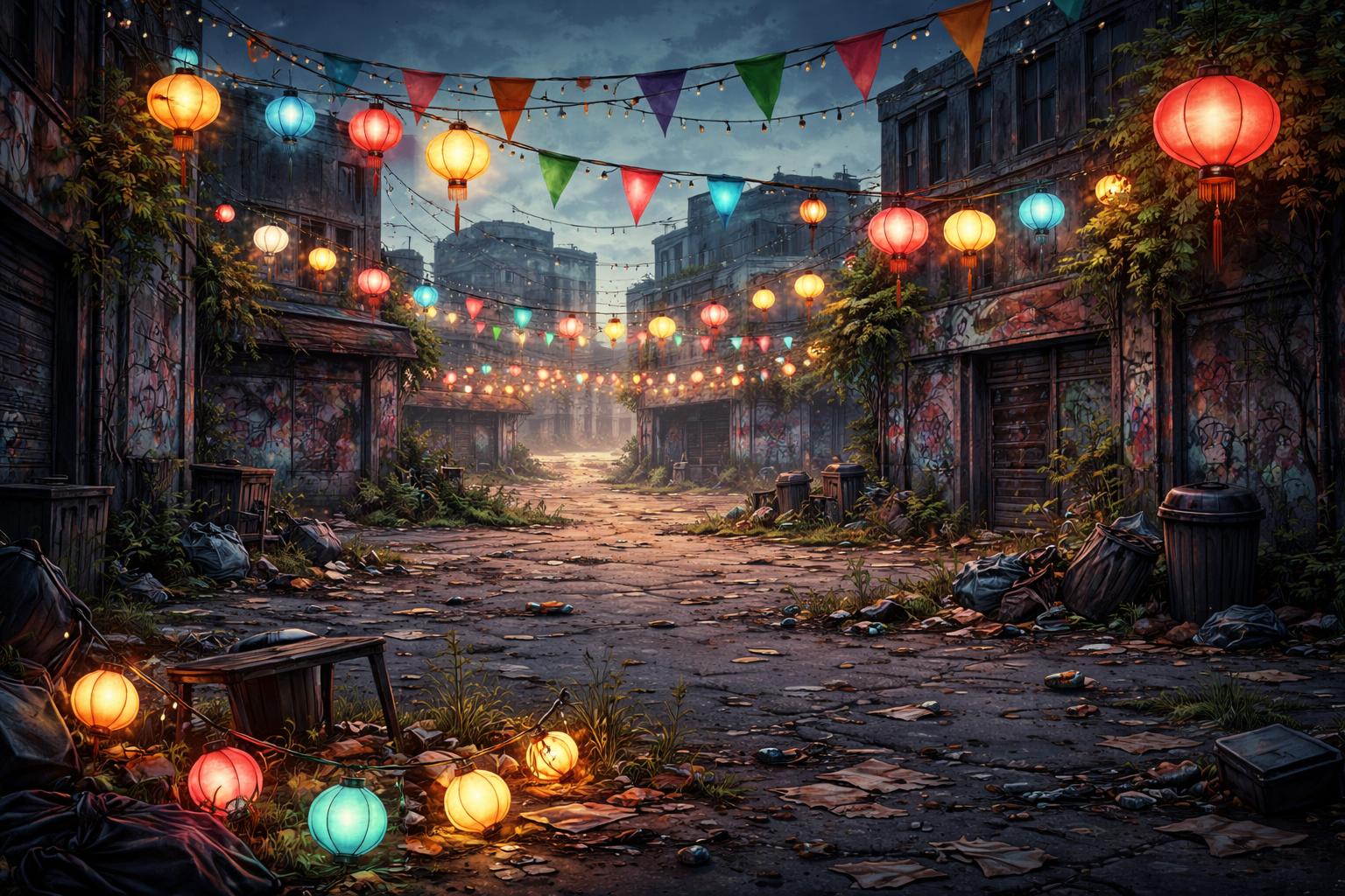 Contrasto tra decoro e degrado in uno spazio pubblico urbano durante una festa culturale