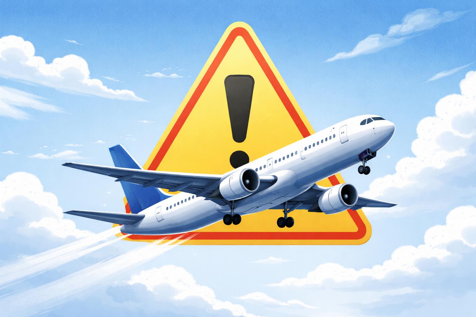 Aereo in volo con simbolo di attenzione a indicare sicurezza aerea
