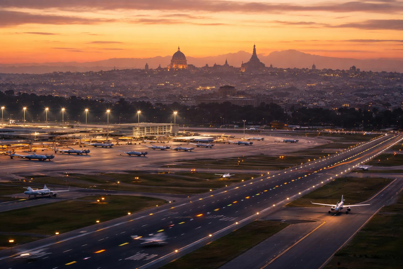Vista simbolica di un aeroporto con pista e skyline di Roma al tramonto, rappresentazione editoriale del dibattito sull'ampliamento di Fiumicino