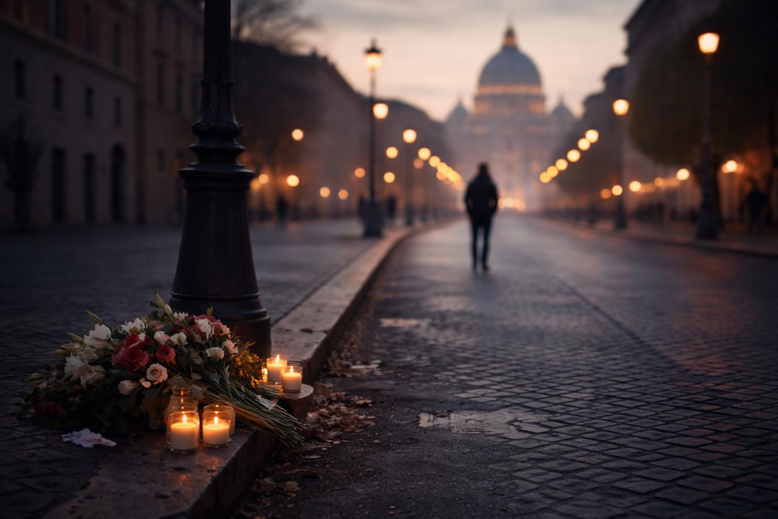 Strada deserta a Roma al crepuscolo con figura umana sfocata simbolo di vulnerabilità e riflessione