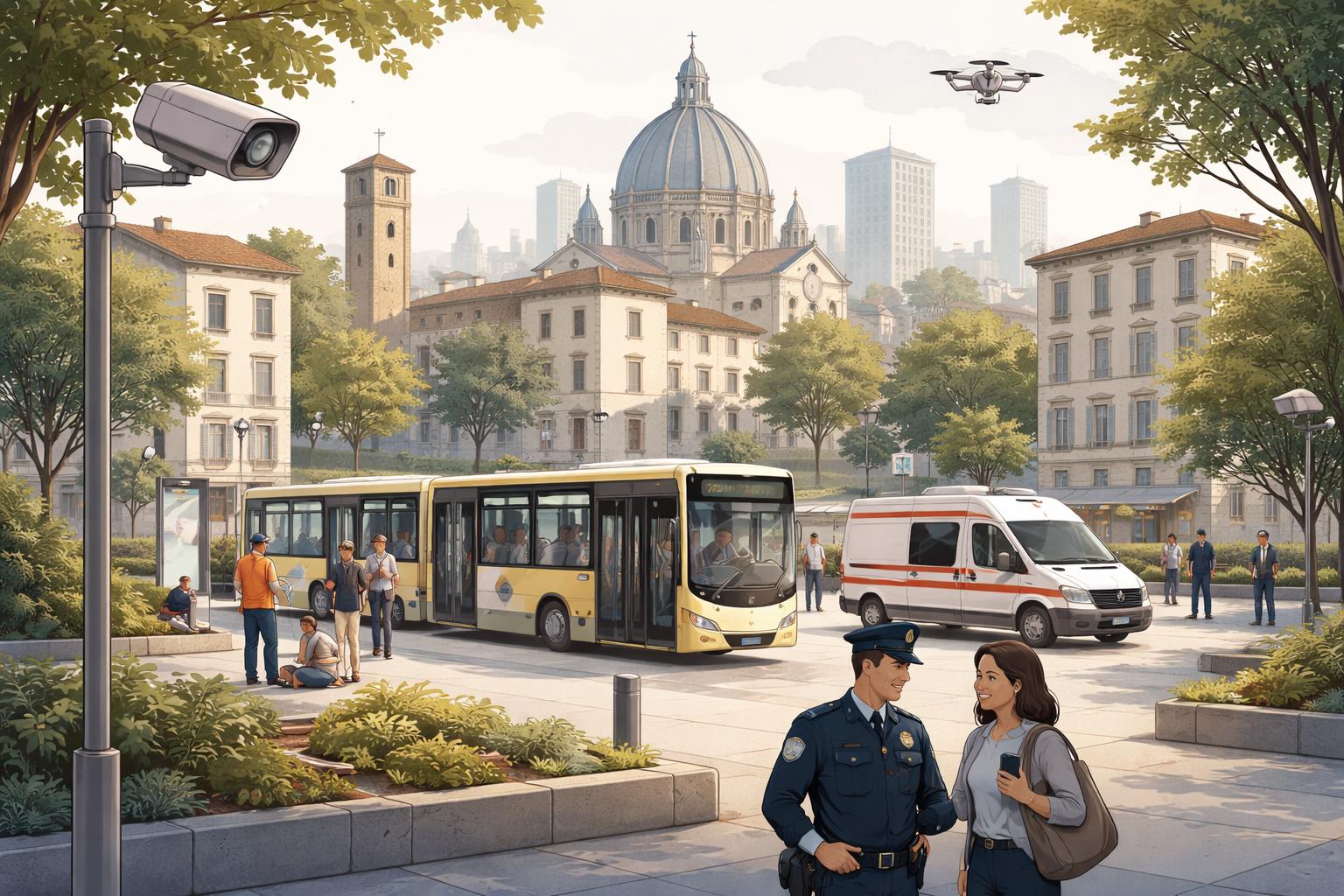 Illustrazione simbolica di una città italiana con elementi di sicurezza, trasporto e servizi pubblici