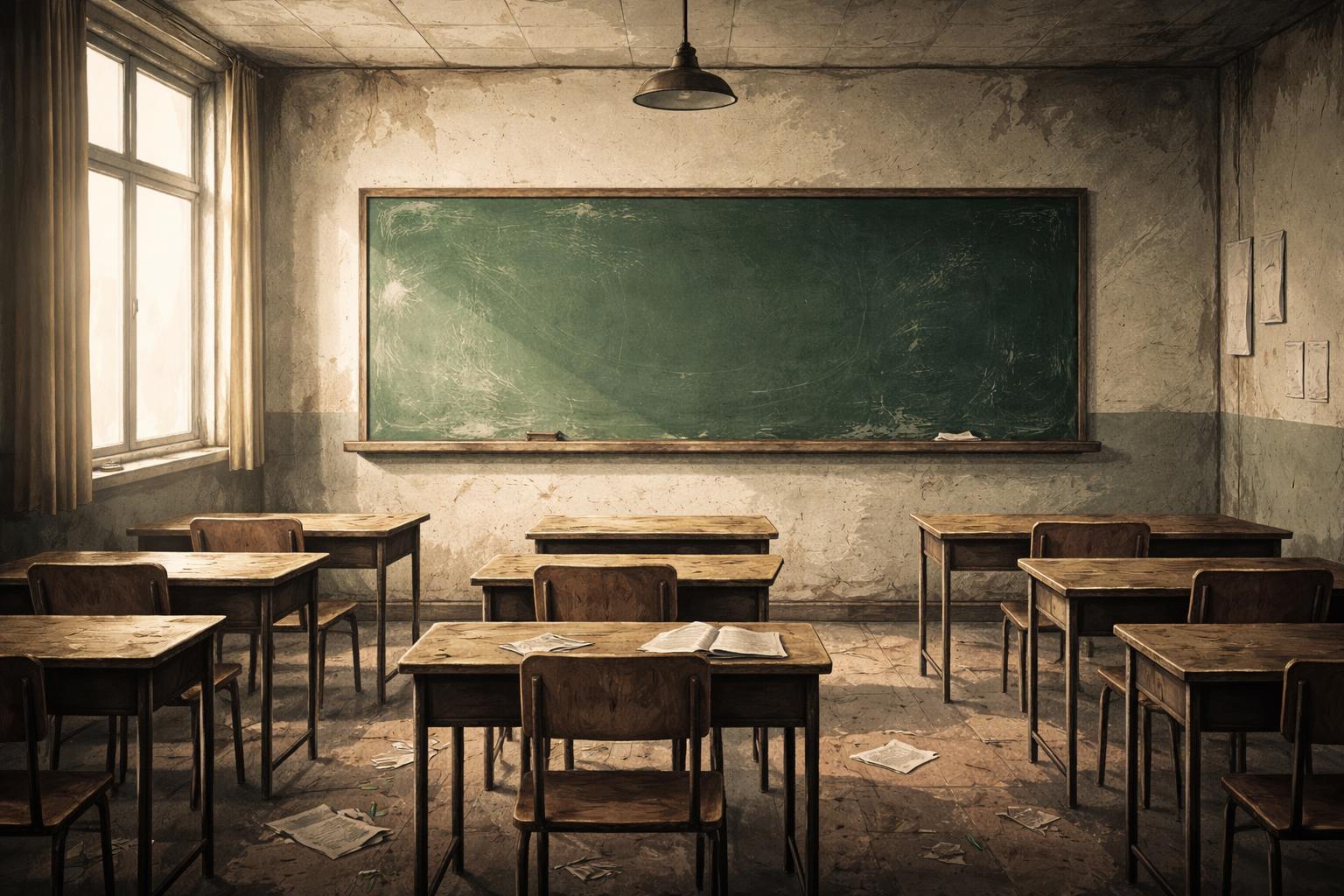Aula scolastica vuota con lavagna verde simbolica della precarietà educativa