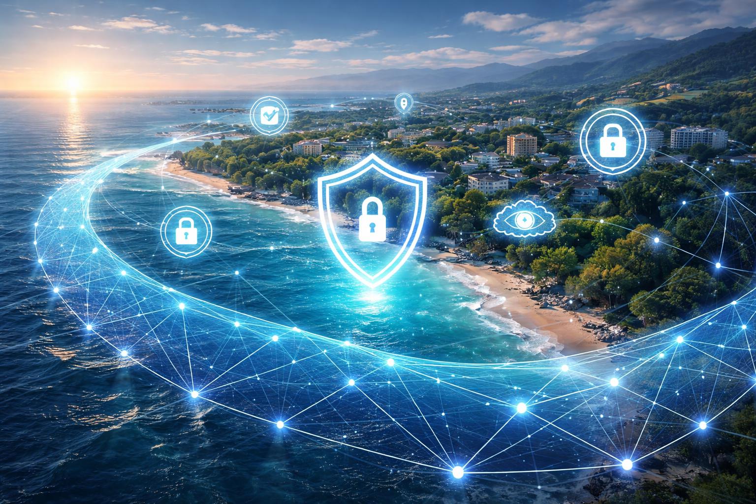 Rappresentazione simbolica della sicurezza digitale su una costa italiana