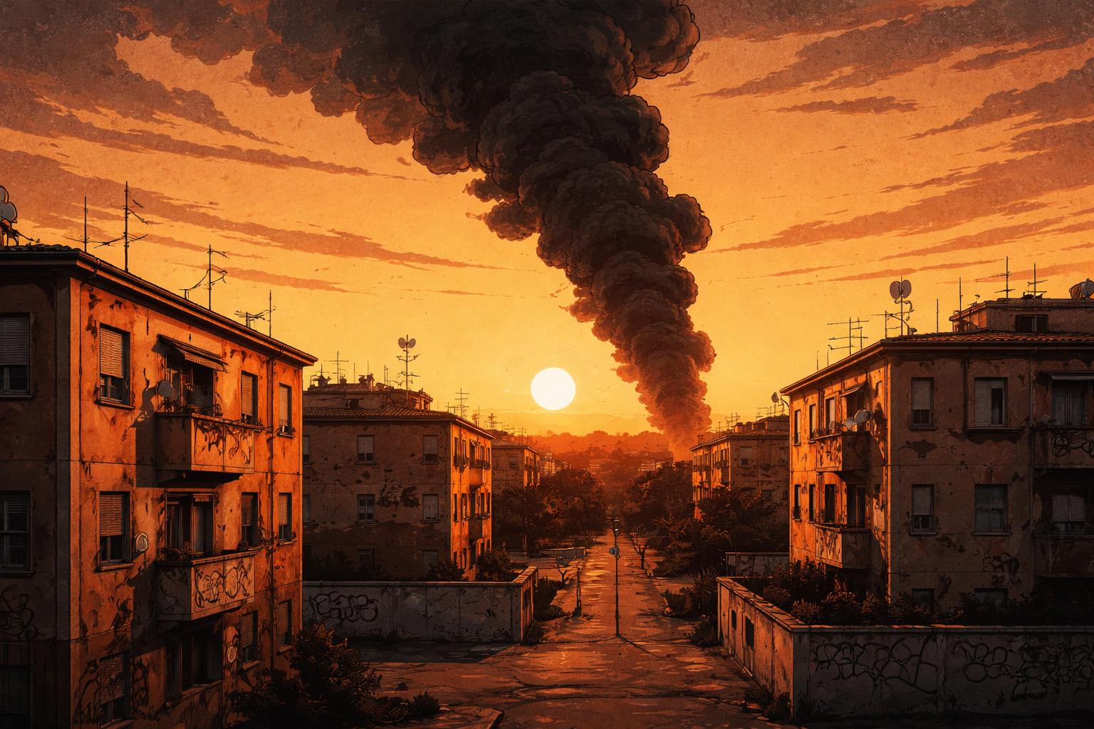 Colonna di fumo nero che si alza sopra un quartiere periferico romano al tramonto