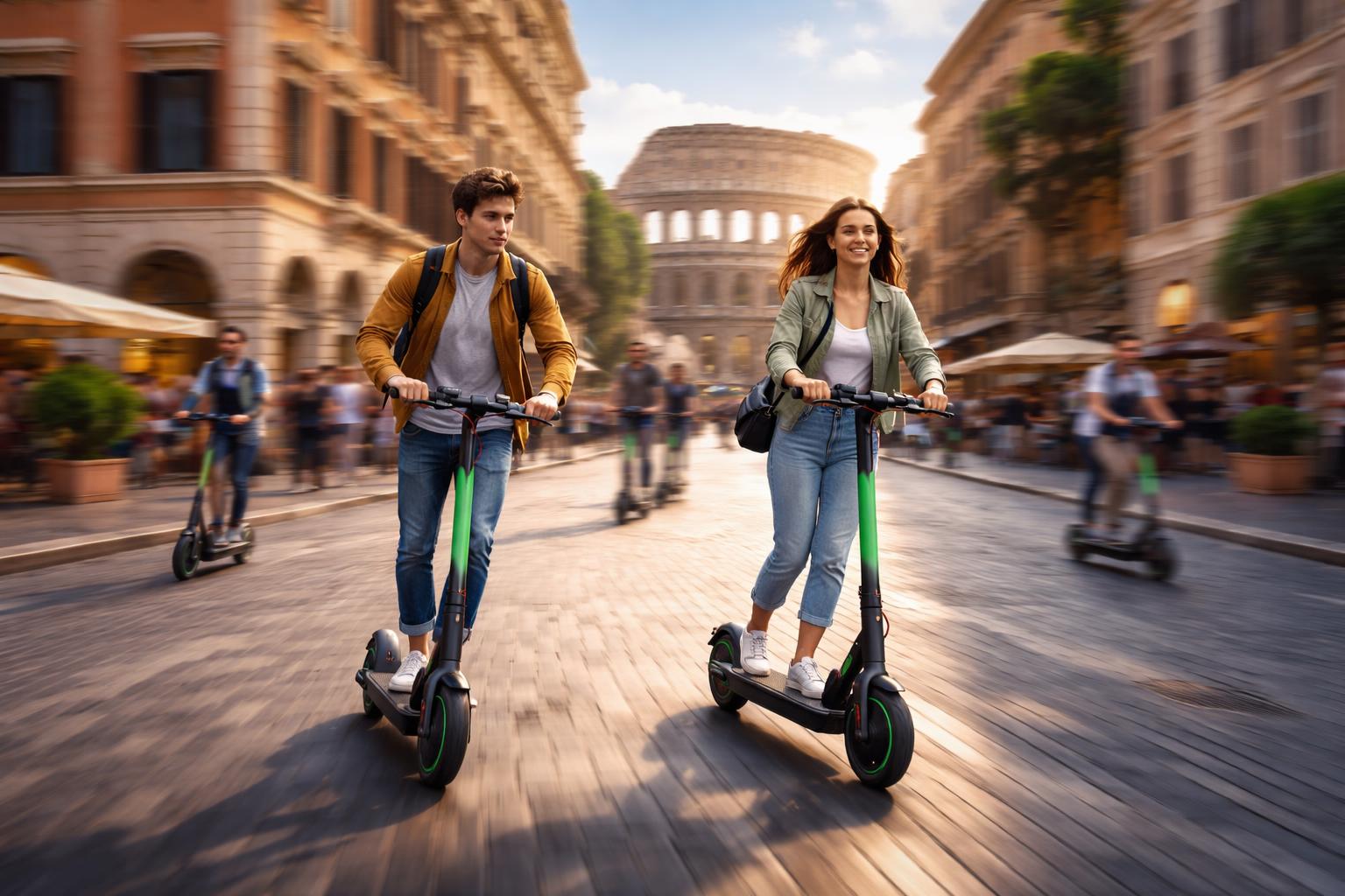 Monopattini elettrici in movimento su una strada di Roma con edifici storici sullo sfondo
