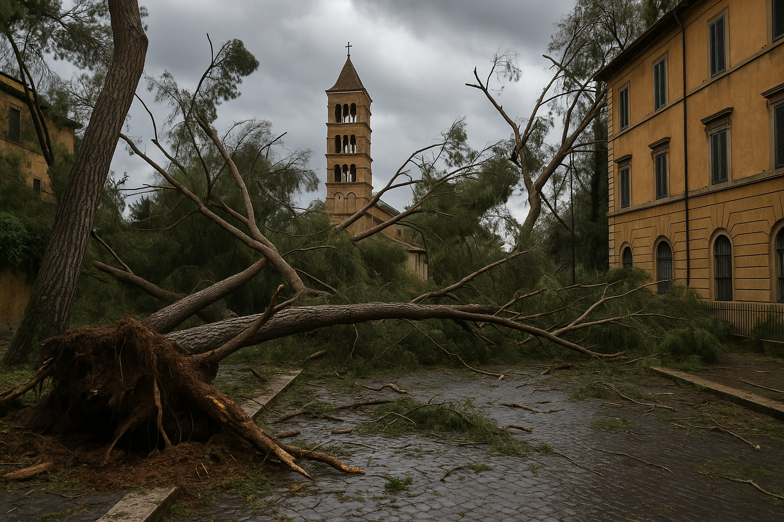 Roma colpita da tromba d'aria: alberi abbattuti e strade inaccessibili Roma colpita da tromba d'aria: alberi abbattuti e strade inaccessibili
