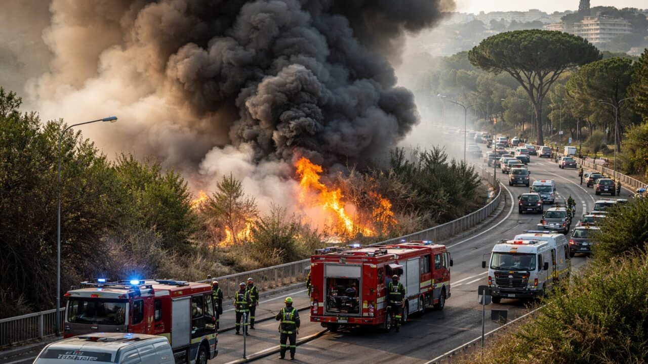 Incendio a Roma Sud: Strade chiuse fra fumi tossici e mobilità a rischio