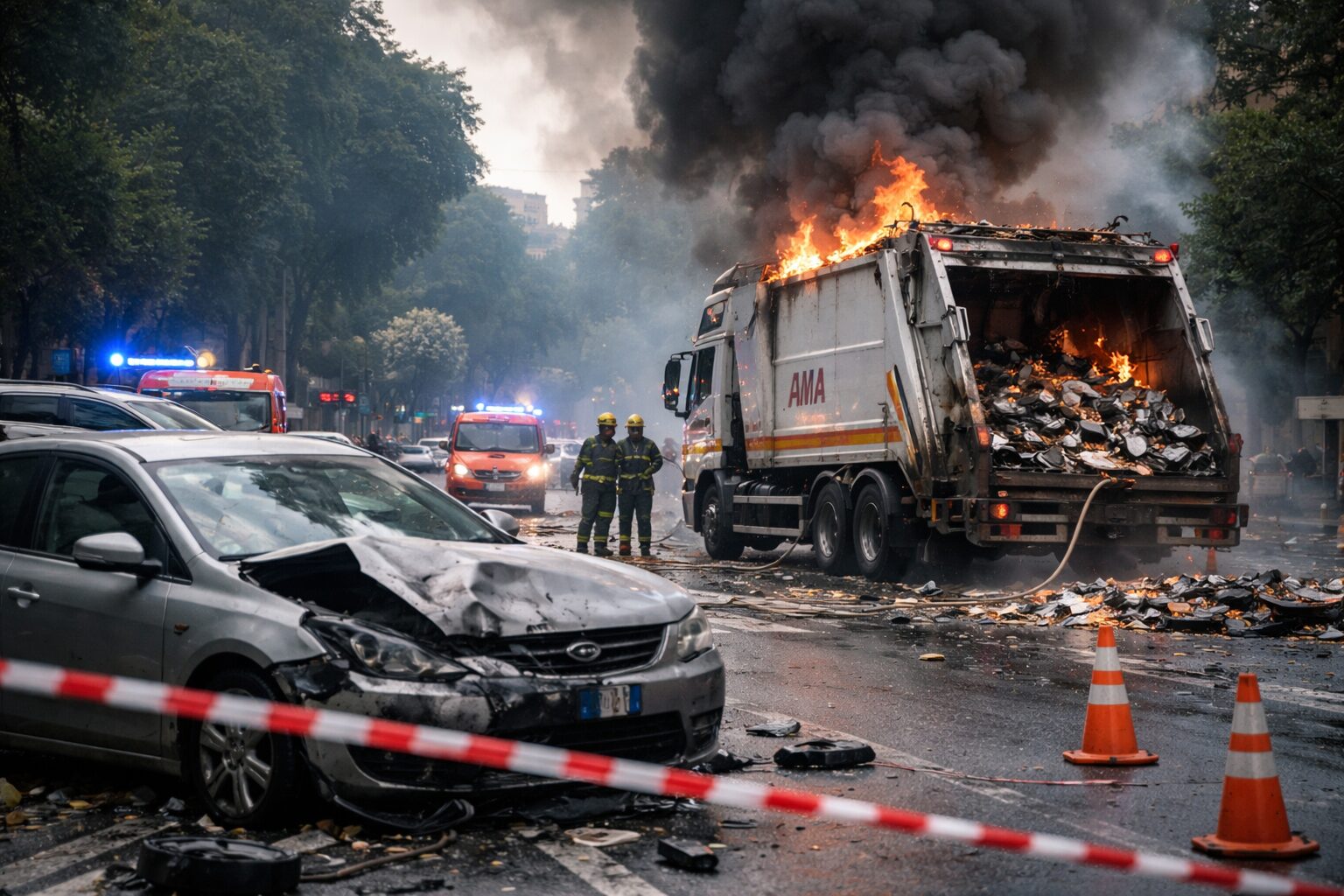 Incendio camion AMA: il caos della raccolta rifiuti a Roma si fa vedere