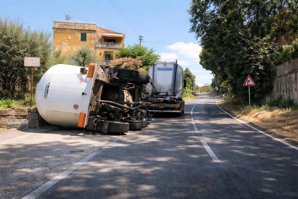 Incidente choc a Marino: ribaltamento di una betoniera mette in crisi la viabilità