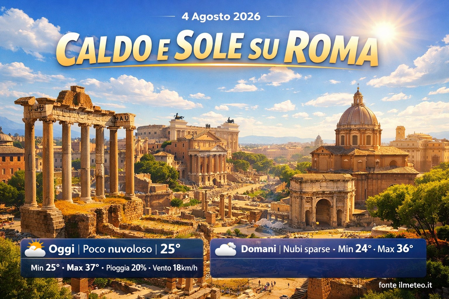 Meteo Roma, previsioni di oggi 4 Agosto 2026: poco nuvoloso