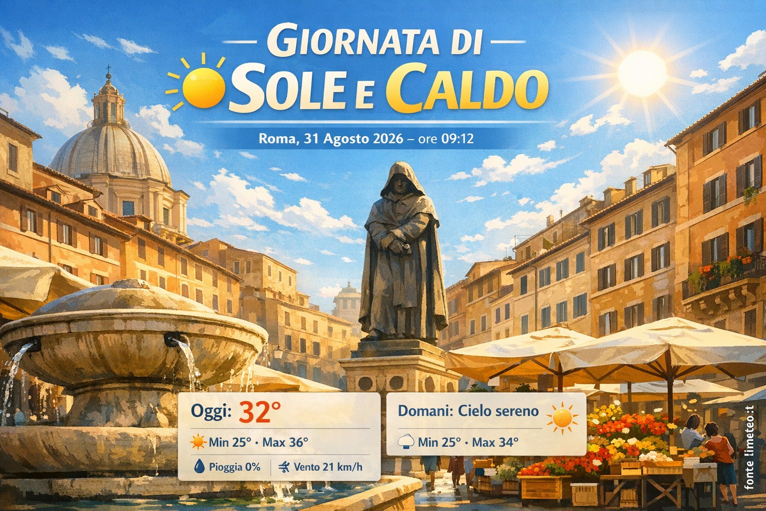 Meteo Roma, previsioni di oggi 31 Agosto 2026: sole e caldo