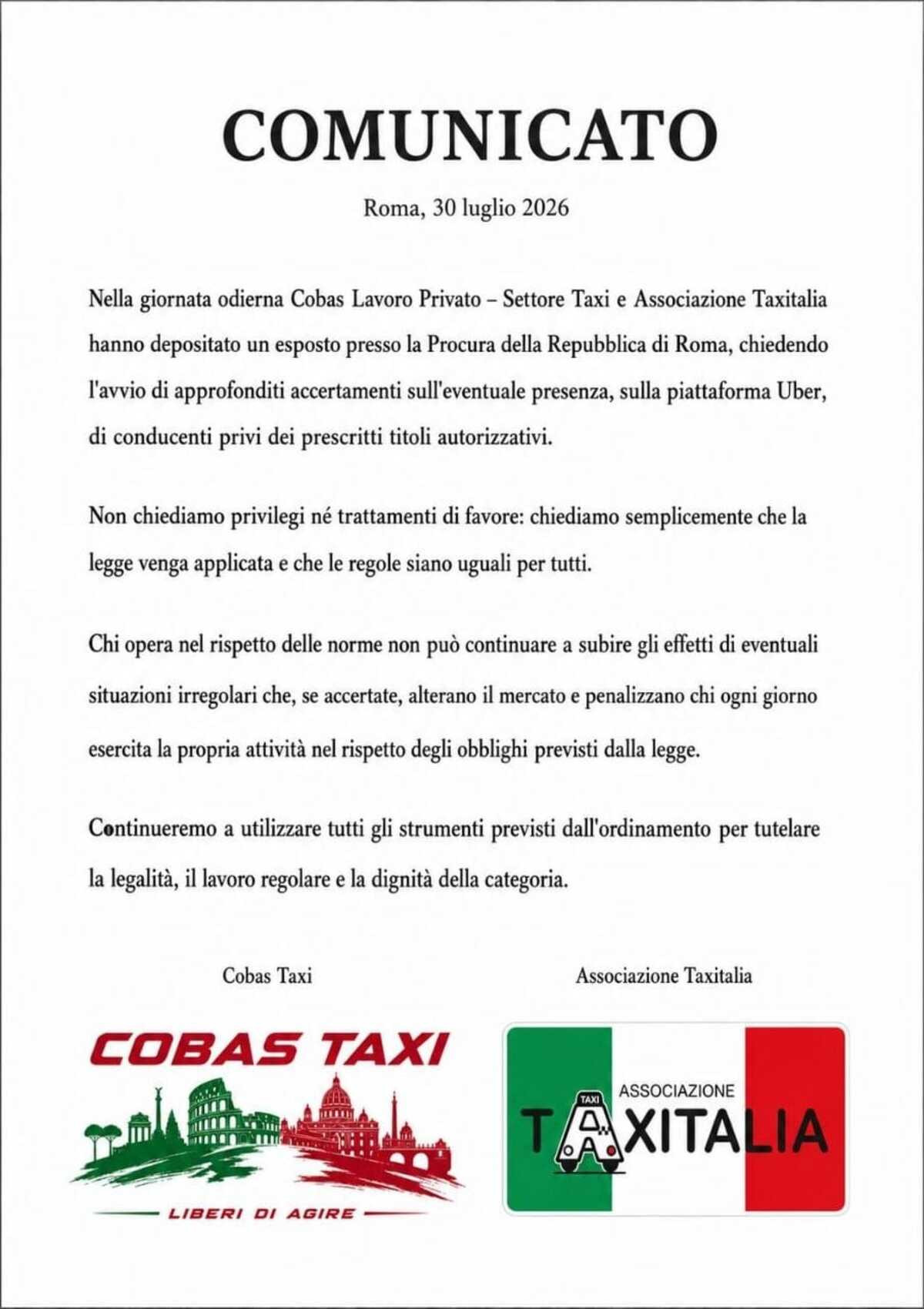 Taxi Roma, Esposto alla Procura della Repubblica contro Uber