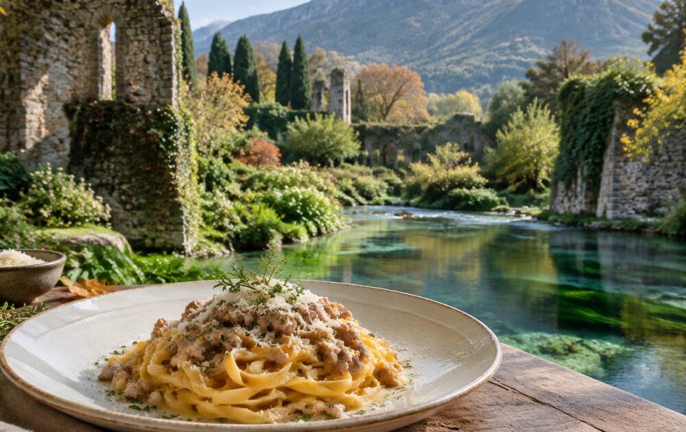Giardino di Ninfa, acqua e rovine: il gusto quieto delle fettuccine al ragù bianco