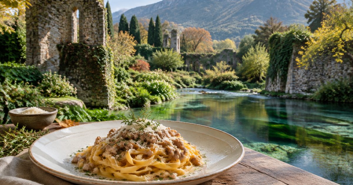 Giardino di Ninfa, acqua e rovine: il gusto quieto delle fettuccine al ragù bianco
