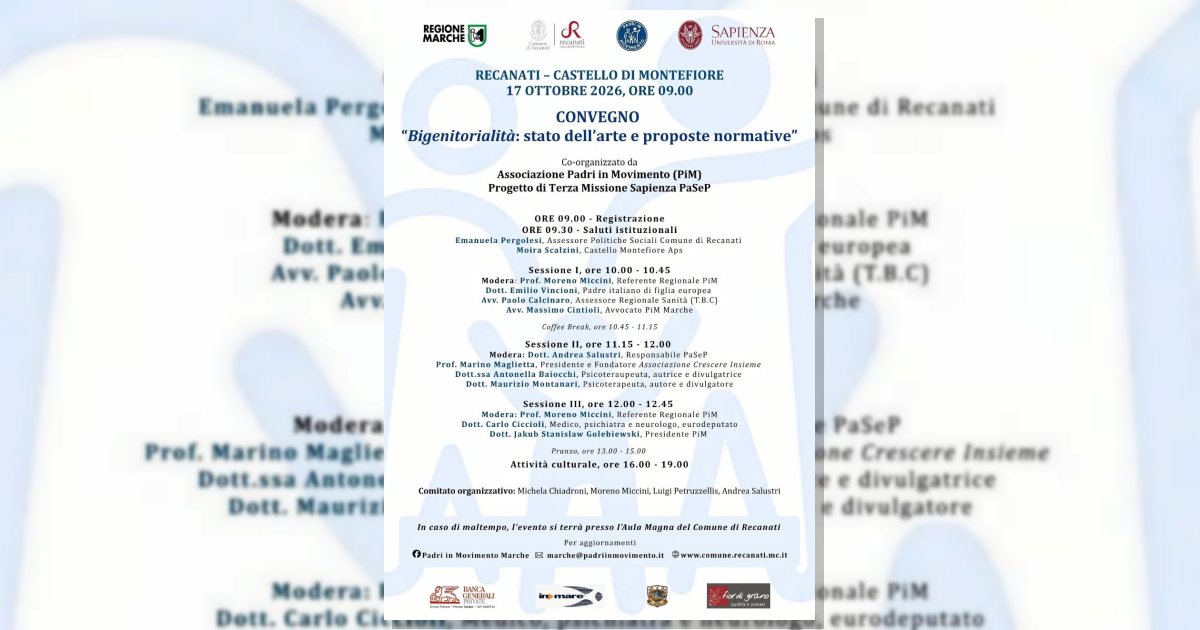 Bigenitorialità: a Recanati il 17 ottobre convegno su stato dell’arte e proposte normative