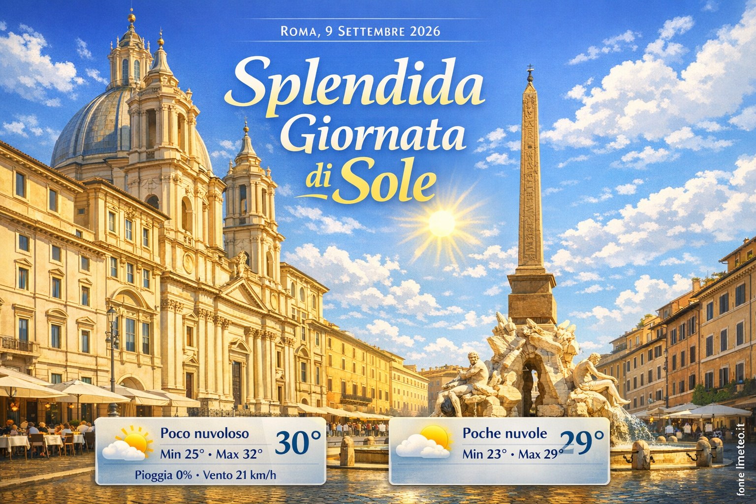 Meteo Roma, previsioni di oggi 9 Settembre 2026: poco nuvoloso