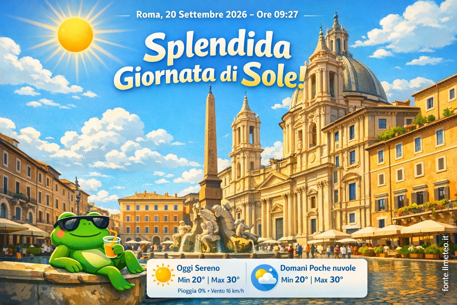 Meteo Roma, previsioni di oggi 20 Settembre 2026: sereno