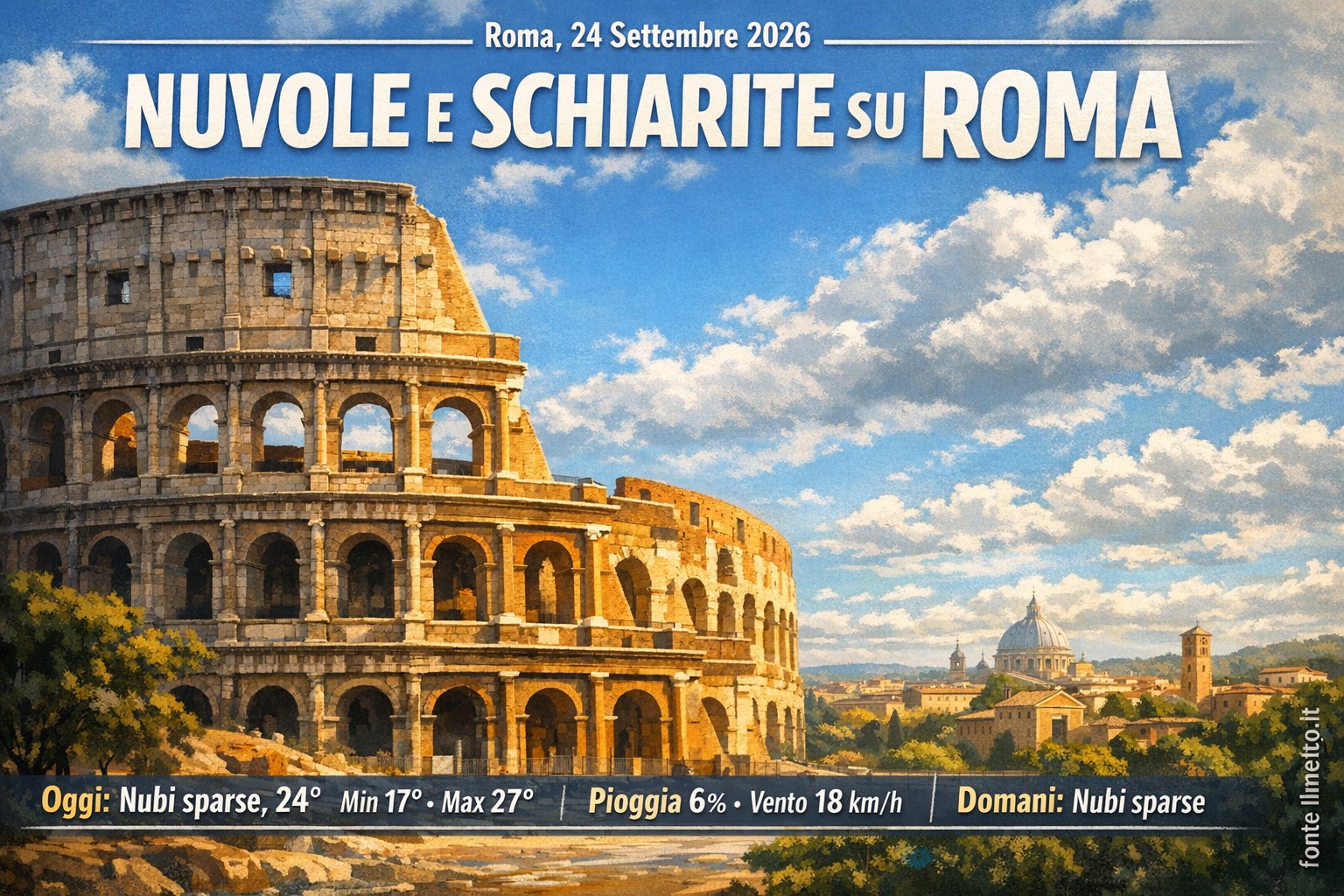 Meteo Roma, previsioni di oggi 24 Settembre 2026: nubi sparse