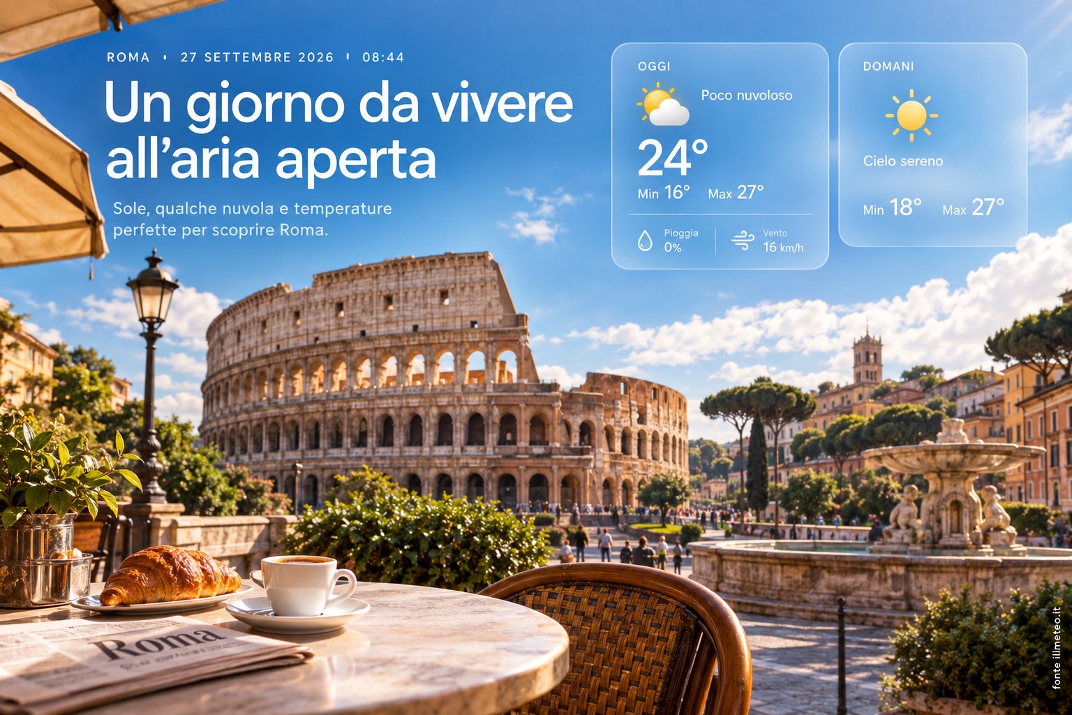 Meteo Roma, previsioni di oggi 27 Settembre 2026: poco nuvoloso