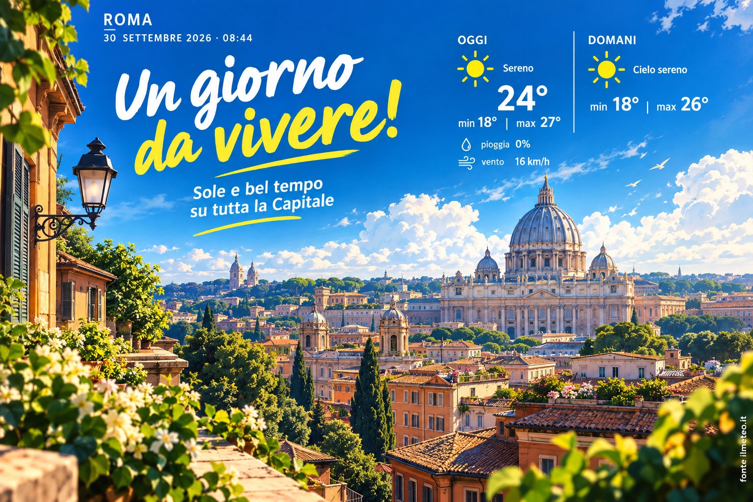 Meteo Roma, previsioni di oggi 30 Settembre 2026: sereno