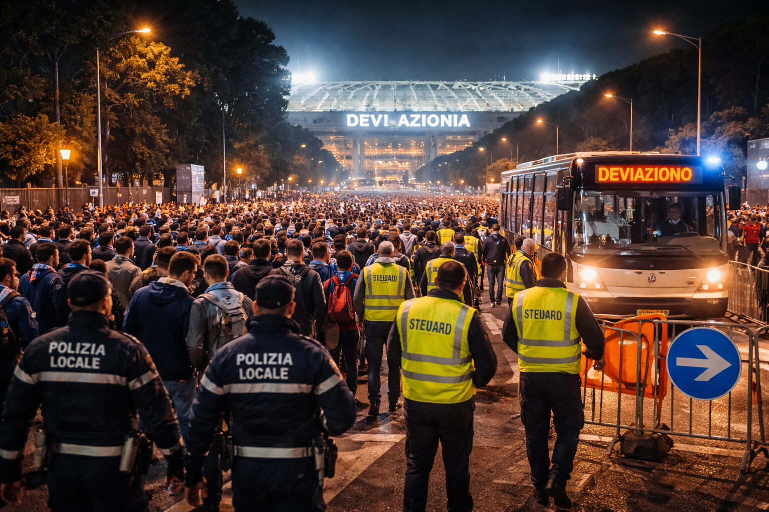 Olimpico, uscite in tilt: bus deviati e presidi ai varchi