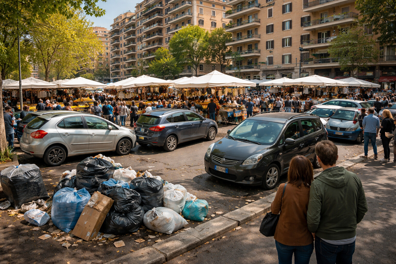Piazza Vescovio sotto pressione: il mercato temporaneo dopo la voragine di via Stimigliano scatena sosta selvaggia e degrado