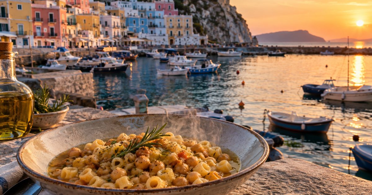 Ponza, il porto e una ciotola fumante di pasta e ceci alla romana