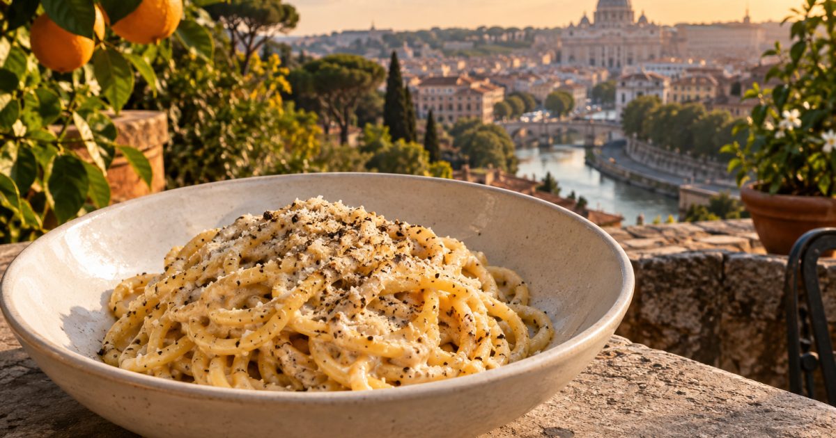 Aventino, il panorama di Roma e il carattere deciso dei tonnarelli cacio e pepe