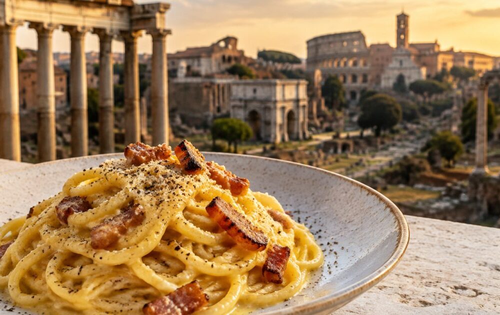 Carbonara a Roma, tra i Fori Imperiali e il gesto preciso della crema senza panna