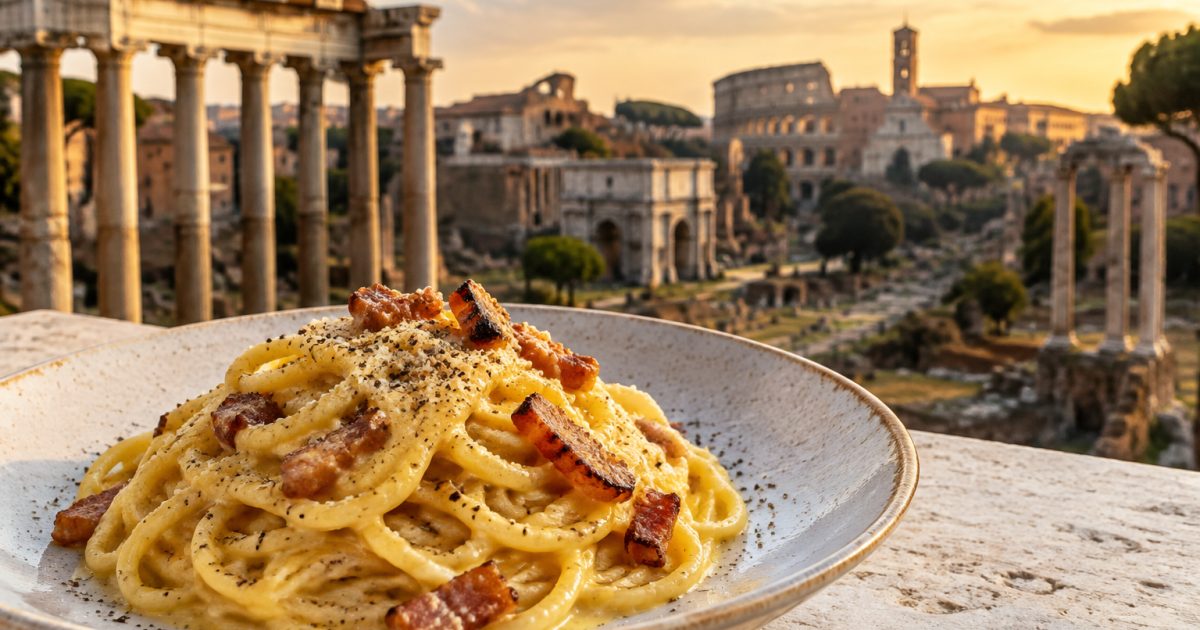 Carbonara a Roma, tra i Fori Imperiali e il gesto preciso della crema senza panna