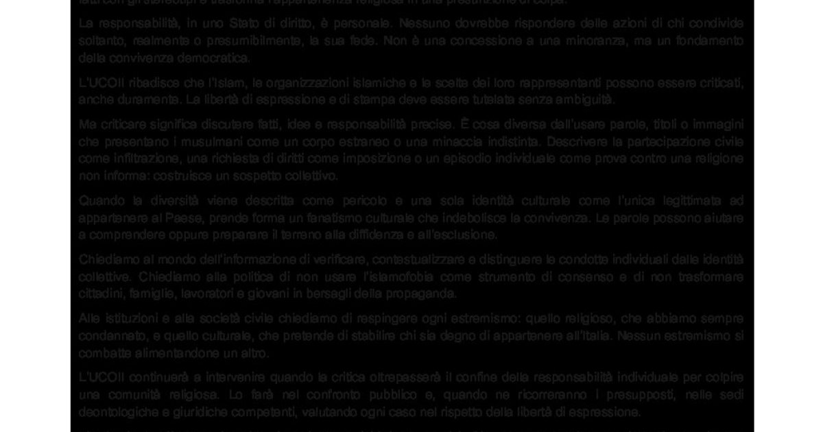 UCOII: La responsabilità è individuale. Non si metta sotto accusa un’intera comunità religiosa
