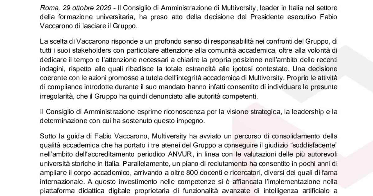 Multiversity: Dimissioni del presidente Vaccarono e conferma di Durante come AD