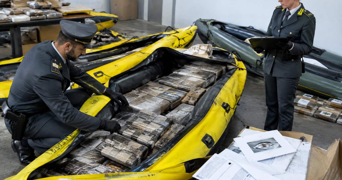 GdiF Roma intercetta narcotraffico internazionale via posta: sequestrati 210 kg di hashish nascosti in kayak gonfiabili; due arresti