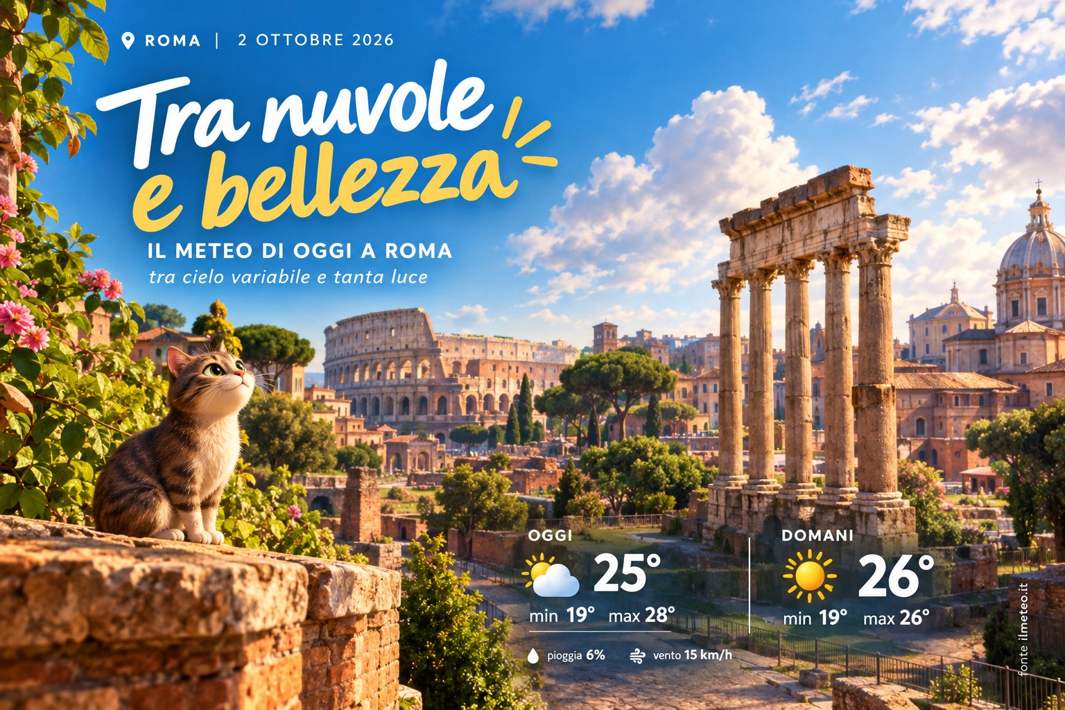 Meteo Roma, previsioni di oggi 2 Ottobre 2026: nubi sparse